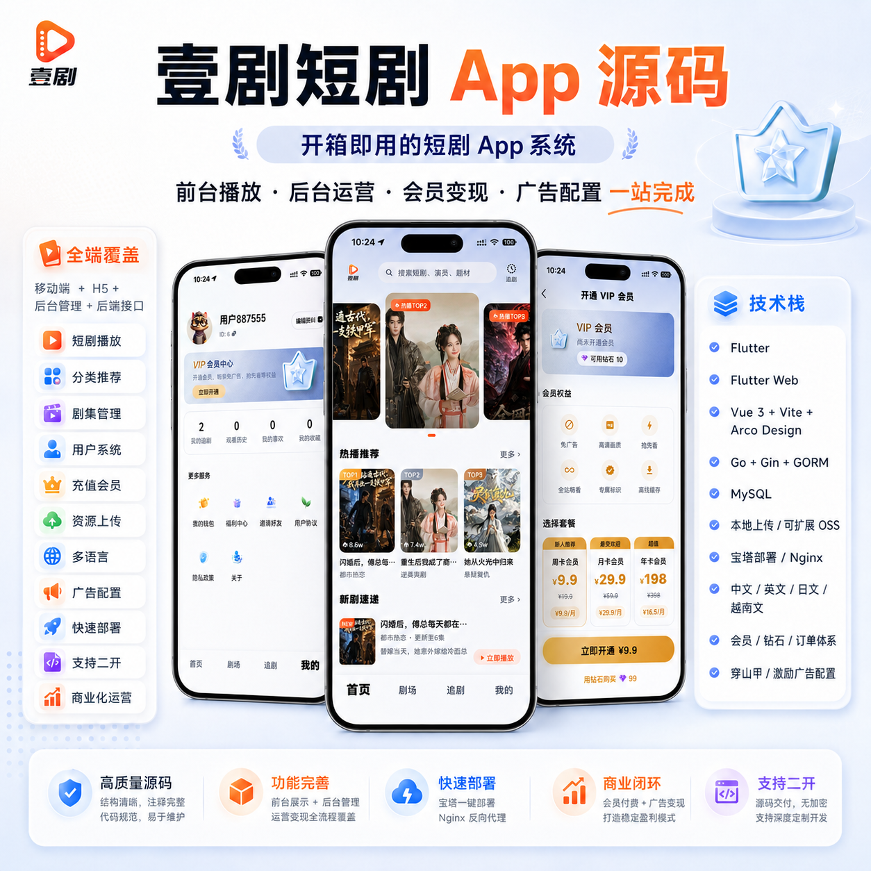 壹剧V2.0多语言短剧系统源码AI小说漫剧穿山甲广告联盟H5/小程序/APP商城分销代理-贪婪科技